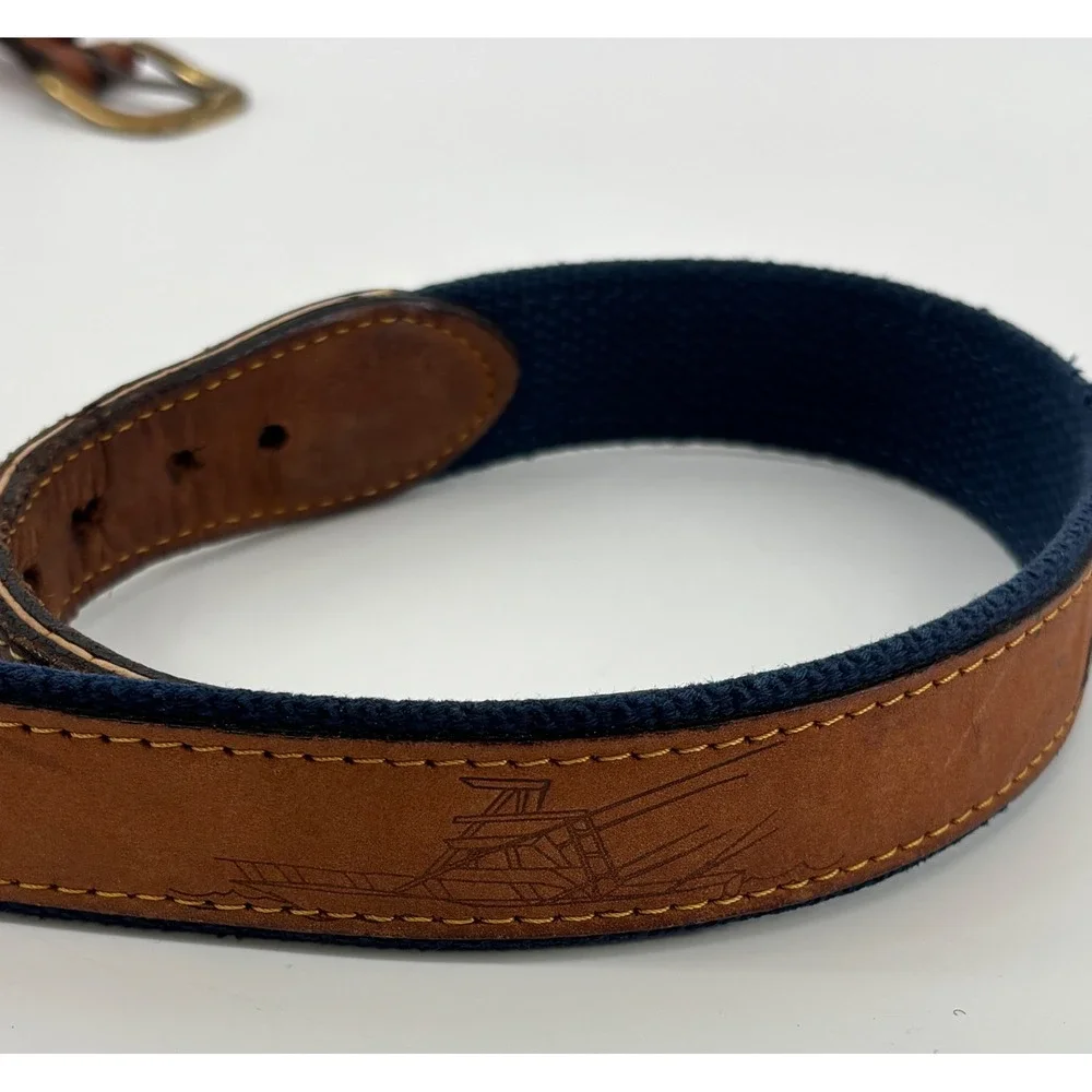 VTG Zeppelin Fish Canvas Leather Belt Size 46 Solid Brass Buckle Made In USA